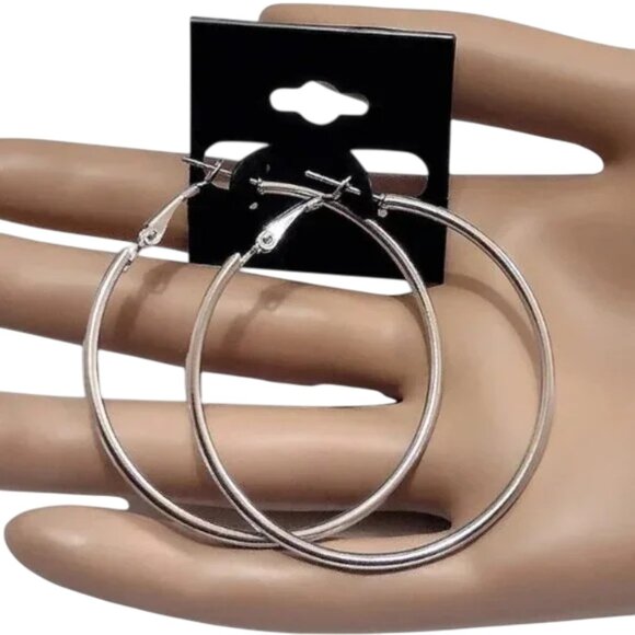 1 1/2 Inch 40mm Hoop Pierced Post Earrings Silver Tone Round With Support Clip - Picture 1 of 5